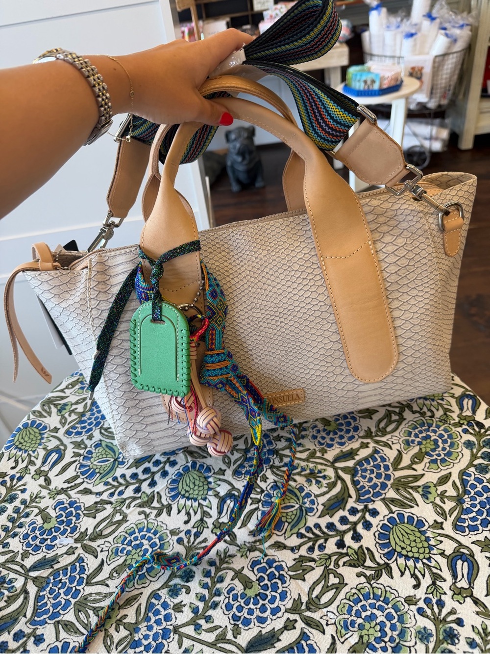 Consuela Neutral Textured Tote with Tan Handles and Multicolor Strap